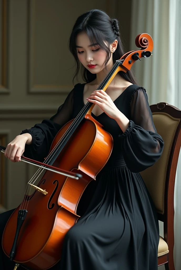 Full body standing painting，(Drawing of girl playing cello), white dresseandy Jürgens (Mandy Jurgens) Realistic paintings created, Perverted, arte figurativa, Detailed depiction of the, realistically, An artwork of