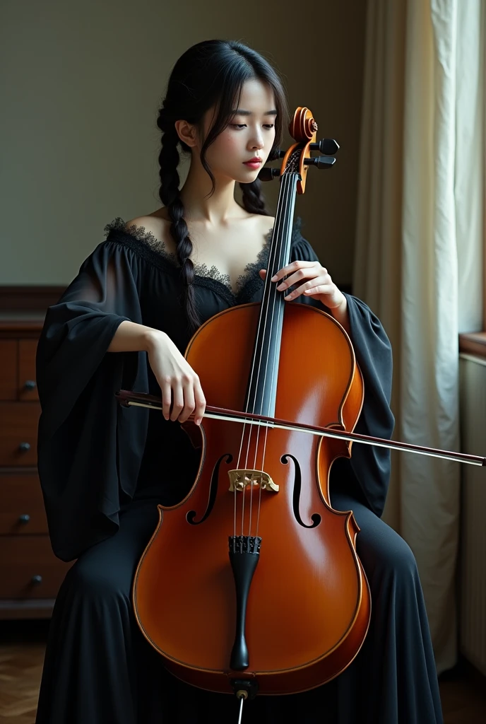 arafed woman in black dress playing a cello on a chair, a portrait by Natasha Tan, shutterstock, baroque, portrait sophie mudd, cello, ayamin kojima, portrait shot, musician, violin, marin kitagawa, deayami kojima, close up portrait shot, classical, korean artist, with black pigtails, instrument, alina ivanchenko