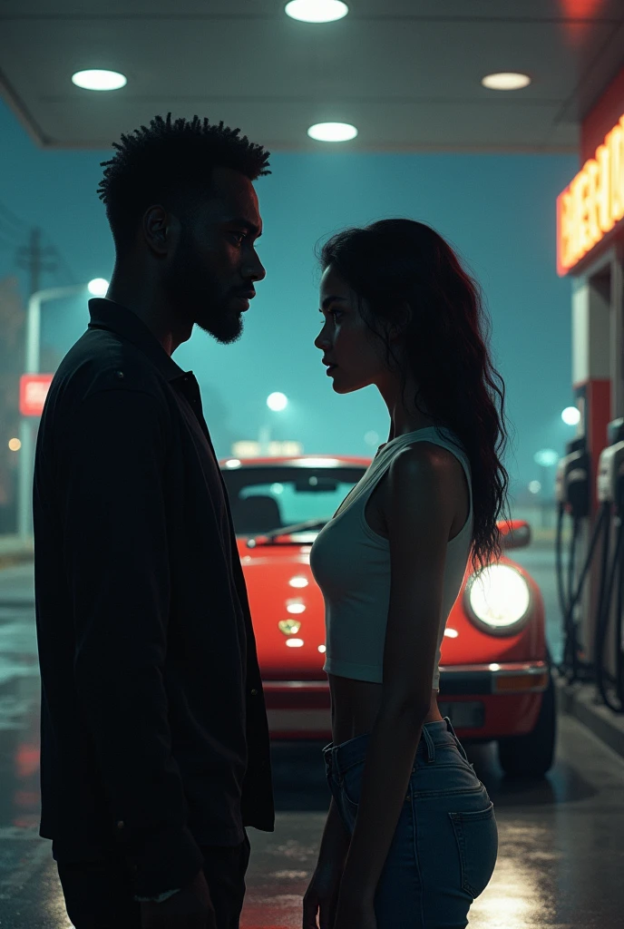 A dark-skinned adult and a 17-year-old white youth, in front of a Porsche at the station