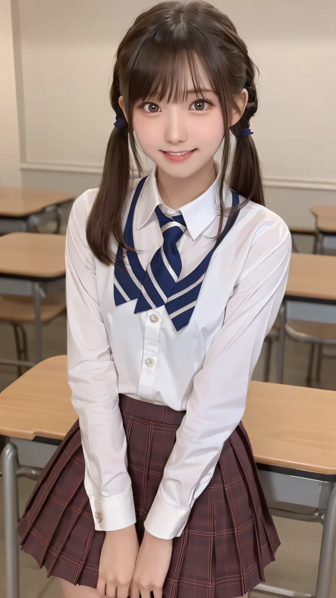 Tabletop, Highest quality, (beautiful girl:1.3), (16 years old:1.2), Very fine grain definition, (Symmetrical eyes:1.3), ((Browsing Caution)), (school uniform, Cute Skirt:1.3), Beautiful breasts, Brown eyes, Parted bangs, Brown Hair, Upper teeth,Twin tail hairstyle,