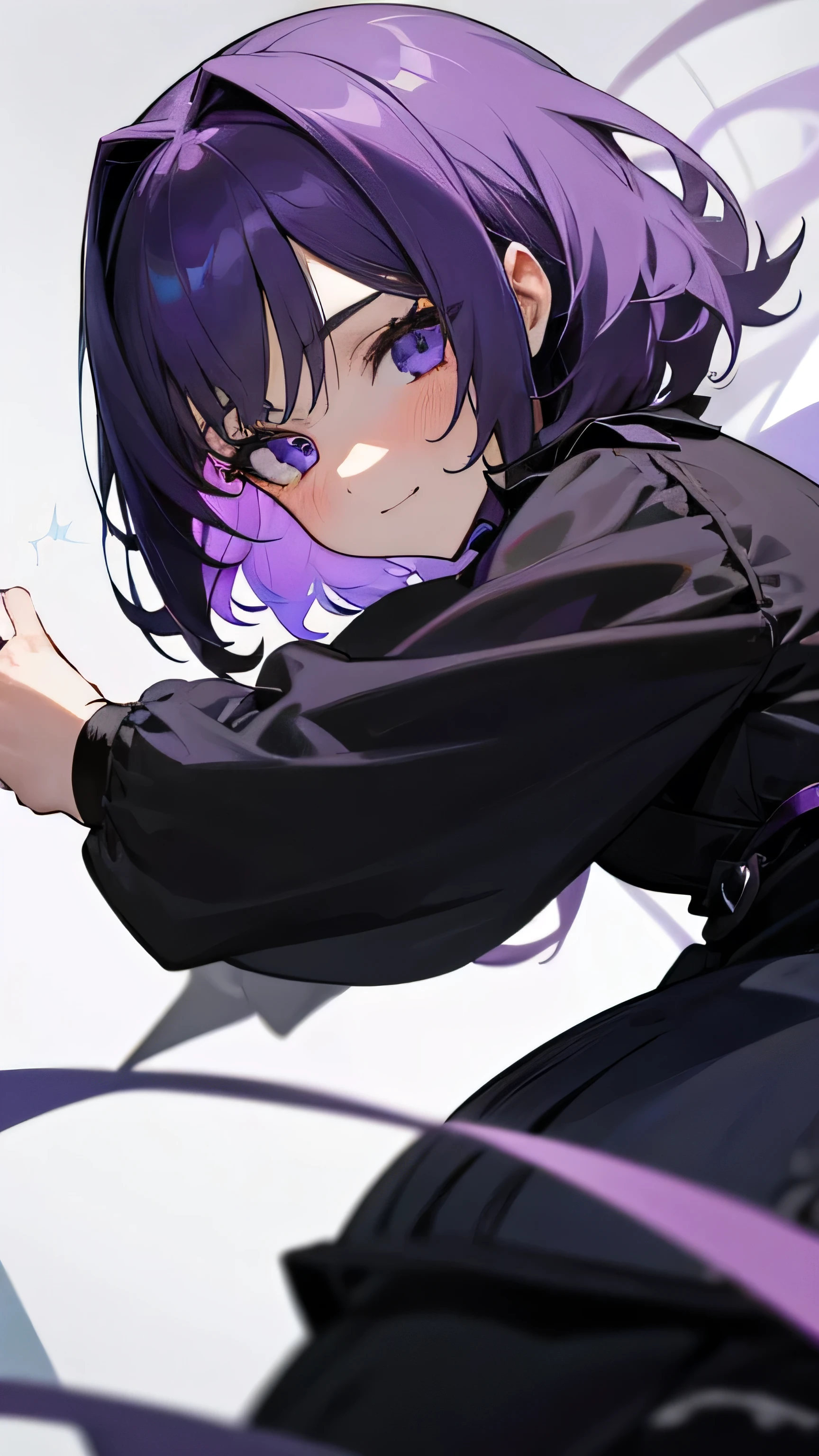 une fille, manga, regard violet intense, cheveux noir, elle vole, elle a des pouvoirs surnaturels, plein d'étoile autour d'elle, regard menaçant, sourire machiavélique