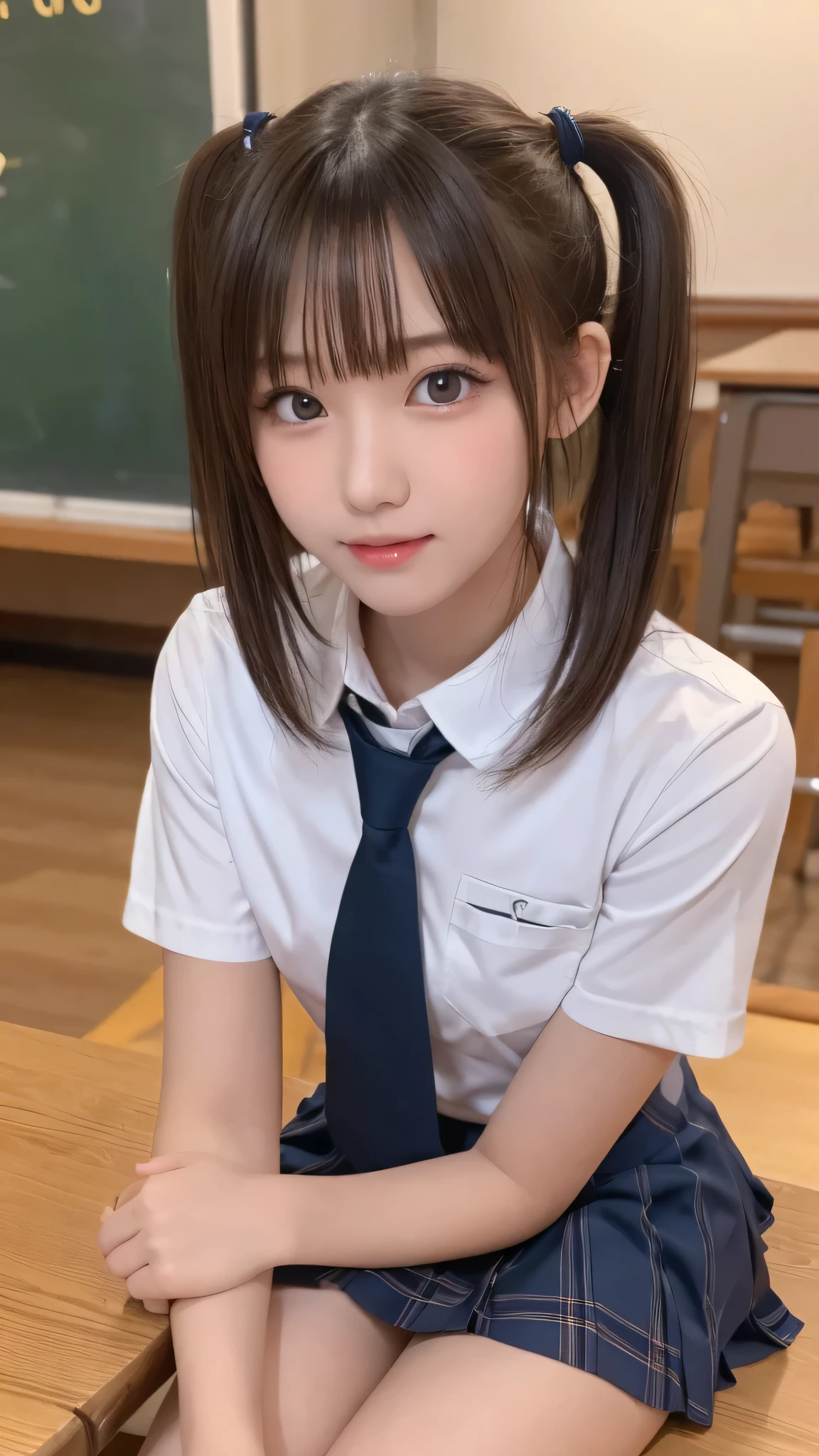 Tabletop, Highest quality, (beautiful girl:1.3), (:1.2), Very fine grain definition, (Symmetrical eyes:1.3), ((Browsing Caution)), (school uniform, Cute Skirt:1.3), Beautiful breasts, Brown eyes, Parted bangs, Brown Hair, Upper teeth,Twin tail hairstyle,