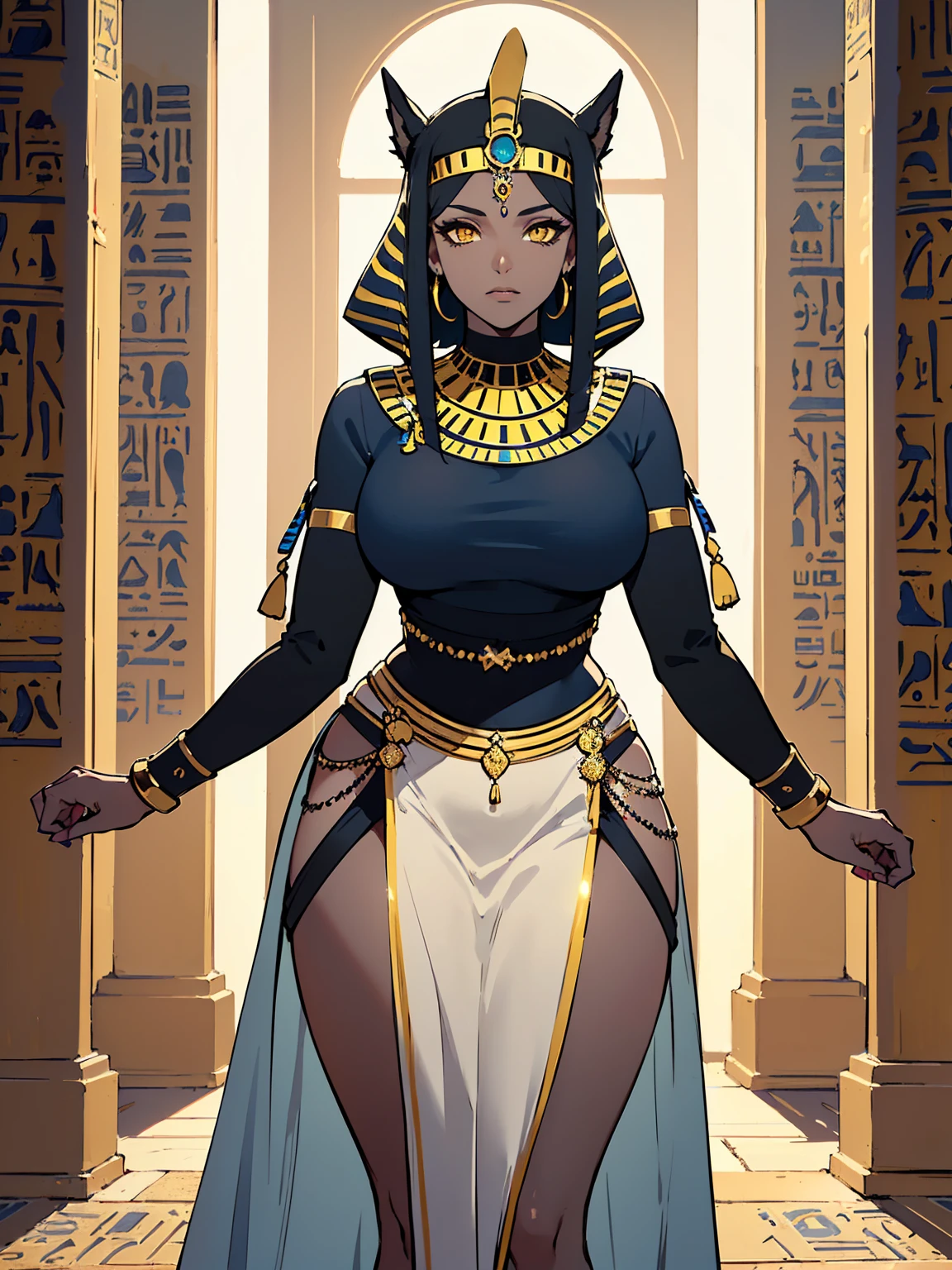1girl, masterpiece, perfect face, (((dark blue skin))), (Short White hair), ((yellow eyes)), ((perfection)), hourglass body, (((thicc))), ((((black ancient egypt clothing and jewlery)))), 8k, 4k resolution, highly detailed, (((beautiful mature woman))), ((cowboy shot)),