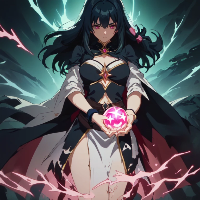 Dark haired sorceress throwing a pink fireball, powerful aura, hologram floating around him, Emitting an evil pink aura. hands holding energy ball