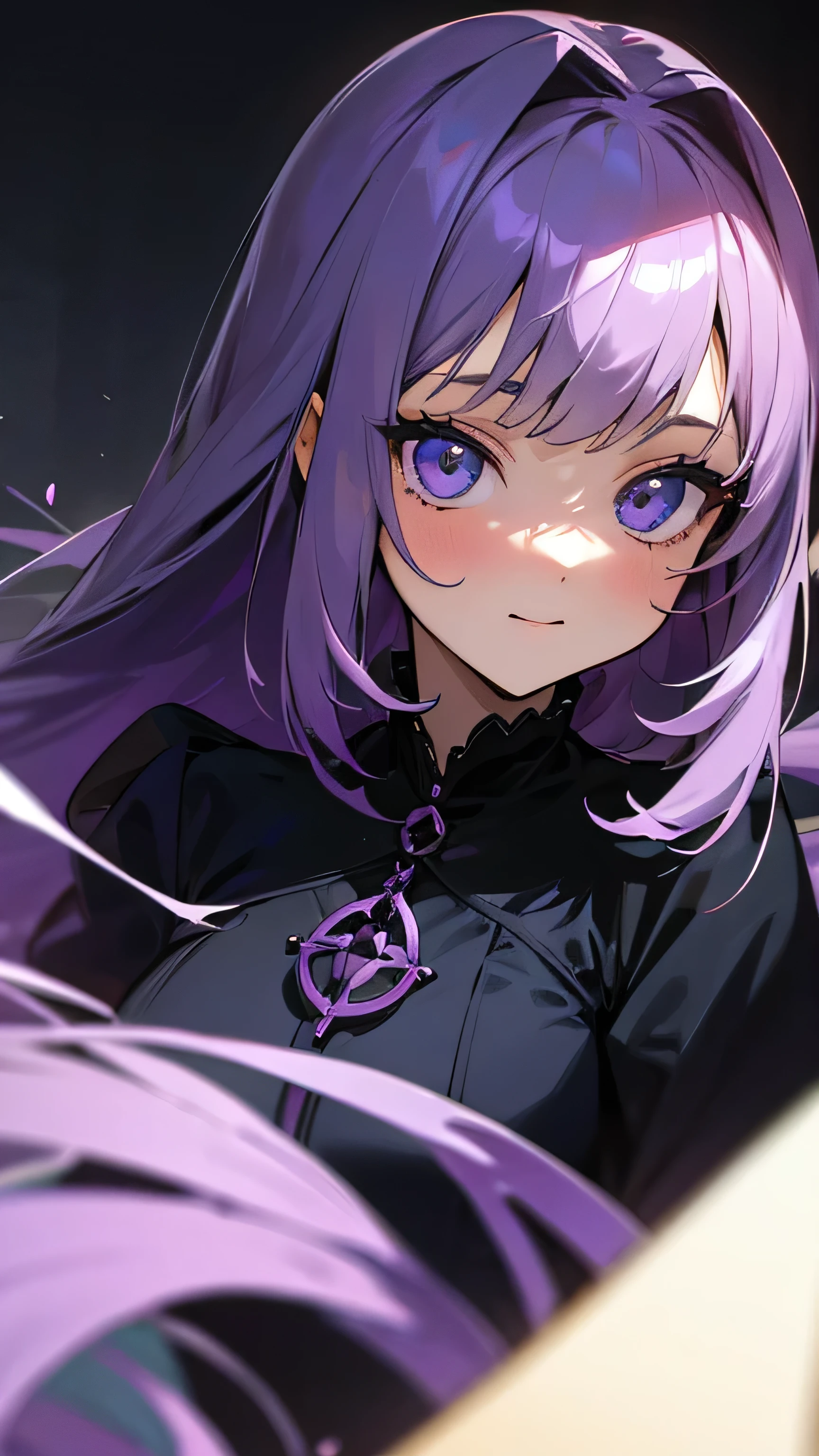 une fille, manga, regard violet intense, cheveux noir, elle vole, elle a des pouvoirs surnaturels, plein d'étoile autour d'elle, regard menaçant, sourire machiavélique