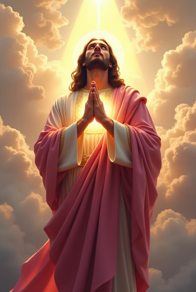 (photorealism:1.2), handsome Jesus Christ, crying while praying in the clouds, wearing pink king clothes with light in his head and heart spreading all over in the clouds, perfect Jesus Christ, real Jesus Christ, perfect five hands, perfect crying face, elegant, soft lighting, many clouds, stand straight, realistic, intricate details, warm colors, by Earl Cornelio Necor