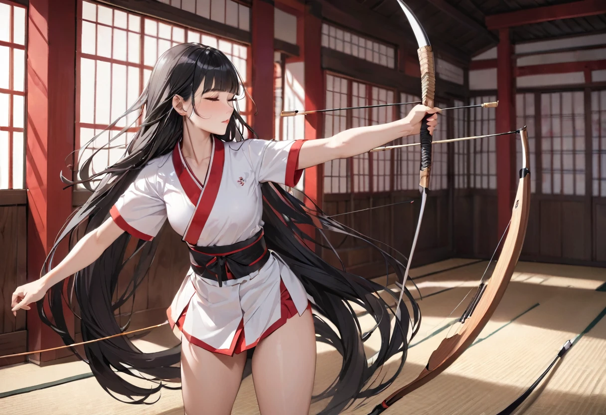 ((profile, standing Kyudo style)), (left hand holding) ((a old japanese long bow)), (Push forward left hand with it), (solo:2, 15 yo) (detailed beautifu blunt bangs:1.3) (beautiful sexy black hair very long hair) (beautiful shrine maiden girl) (detailed sexy closed eyes) (serious face, glossy lip) (medium tits), break, in a white Kyudo uniform, break, in the japanese Archery range, BREAK, perfect anatomy, masterpiece, best quality, 16k, beautiful detailed grow, daydreaming expression.