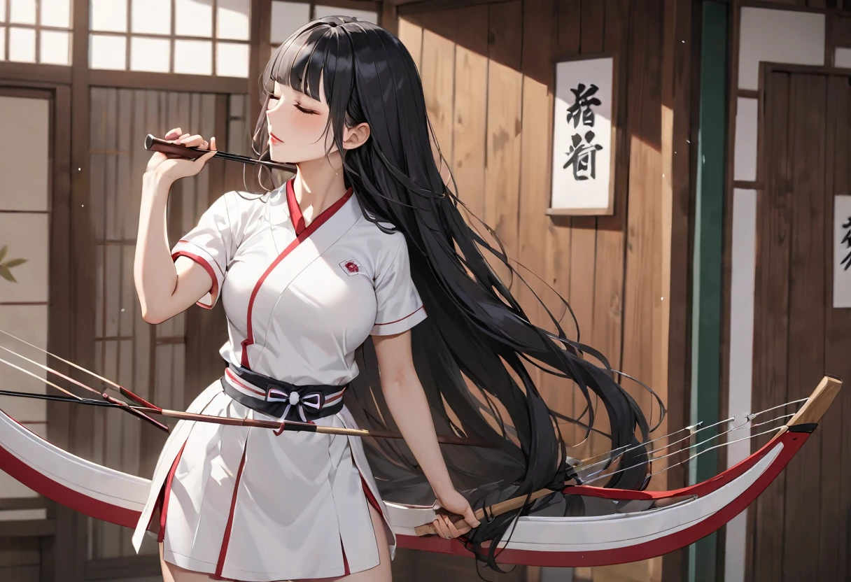 ((profile, standing Kyudo style)), (left hand holding) ((a old japanese long bow)), (Push forward left hand with it), (solo:2, 15 yo) (detailed beautifu blunt bangs:1.3) (beautiful sexy black hair very long hair) (beautiful shrine maiden girl) (detailed sexy closed eyes) (serious face, glossy lip) (medium tits), break, in a white Kyudo uniform, break, in the japanese Archery range, BREAK, perfect anatomy, masterpiece, best quality, 16k, beautiful detailed grow, daydreaming expression.