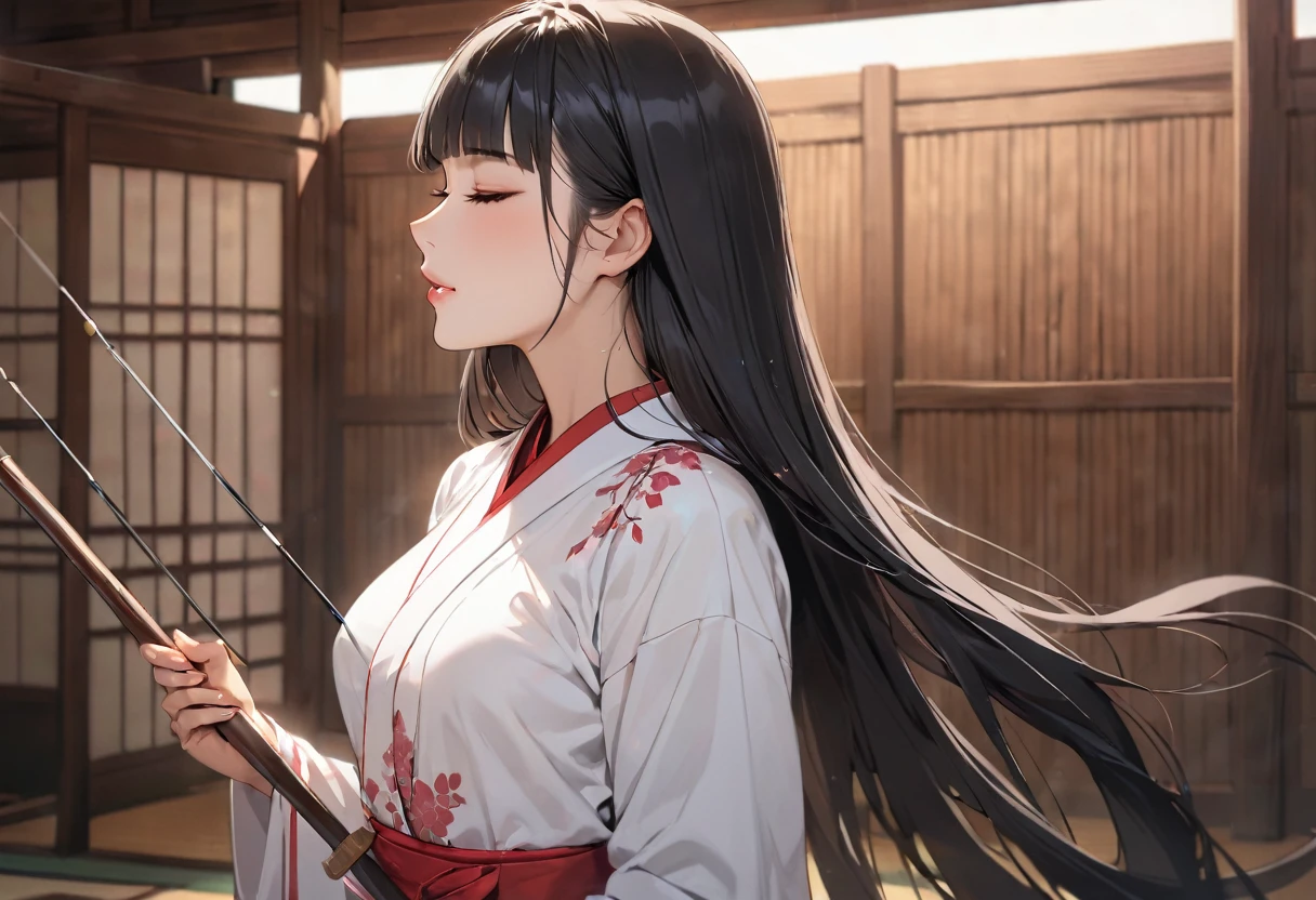 ((profile, standing Kyudo style)), (left hand holding) ((a old japanese long bow)), (Push forward left hand with it), (solo:2, 15 yo) (detailed beautifu blunt bangs:1.3) (beautiful sexy black hair very long hair) (beautiful shrine maiden girl) (detailed sexy closed eyes) (serious face, glossy lip) (medium tits), break, in a white Kyudo uniform, break, in the japanese Archery range, BREAK, perfect anatomy, masterpiece, best quality, 16k, beautiful detailed grow, daydreaming expression.