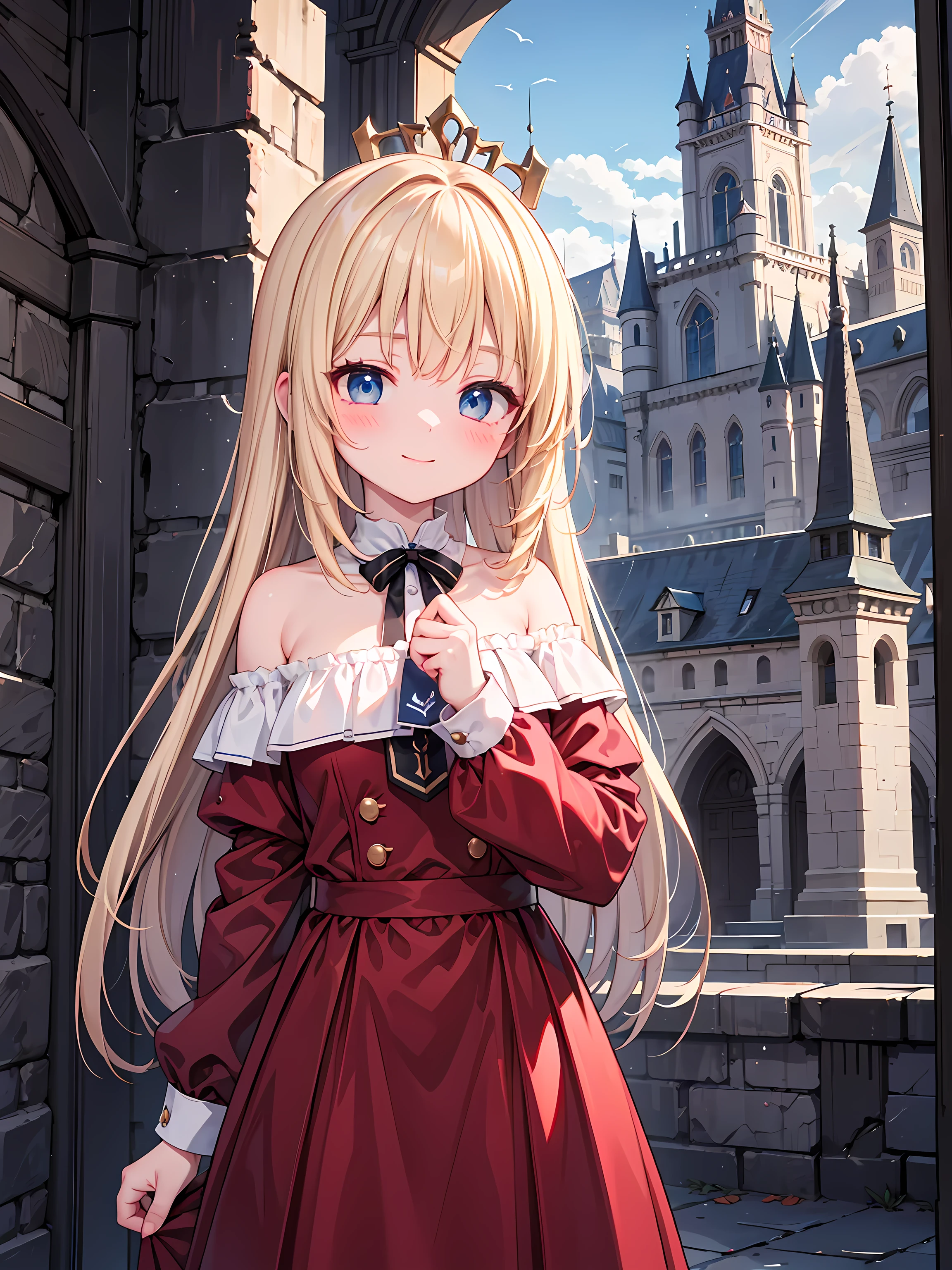 Masterpiece, best quality, high quality, very detailed CG uniform 8k wallpaper, very detailed, very detailed background)), 1woman, princess, long hair, blonde hair, blue eyes, blush, light smile, off shoulder red dress, castle background