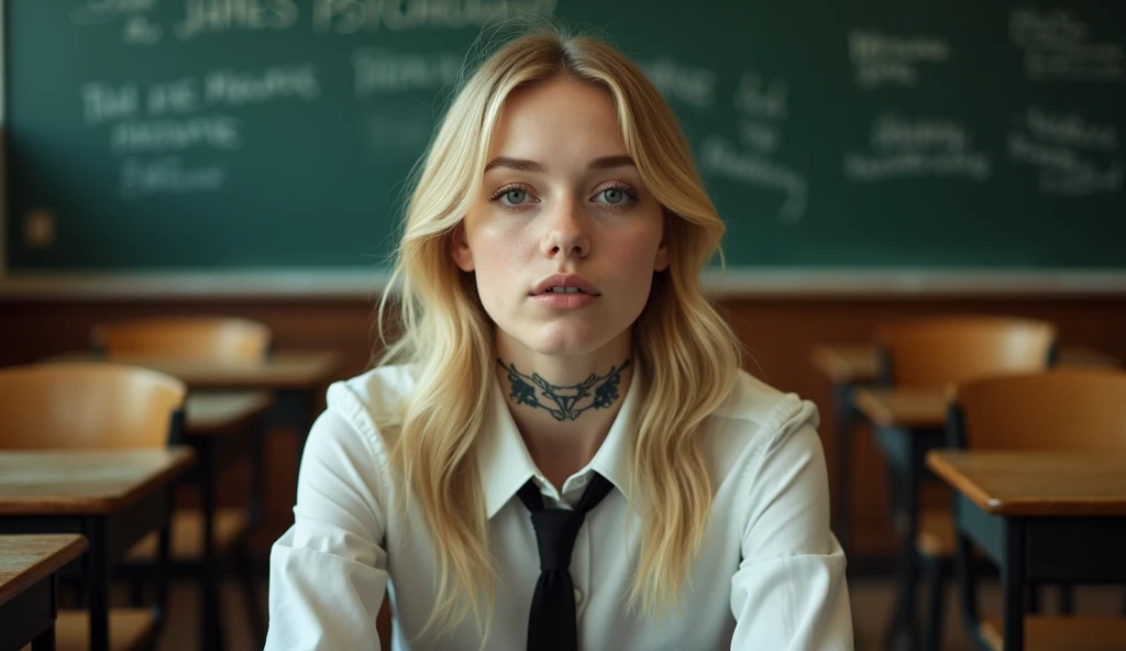 Actress Ellen Fanning sits in what appears to be a classroom setting. He has long blond hair and wears a shirt with a tie., which adds a formal yet youthful touch to your appearance. His gaze is directed towards the viewer, with a calm and introspective expression, that together with his slightly parted lips, adds to your contemplative attitude. His most notable features include the tattoo visible on his neck, what does it say "cali" in a delicate handwriting, and another intricate tattoo on his arm, which suggests a mix of elegance and nervousness in his character. the bottom, although slightly blurry, clearly shows traditional classroom elements, like desks and blackboards that are written "JAMES PSYCHOLOGY", that contrast with its modern and somewhat rebellious aesthetic. This juxtaposition evokes a sense of individuality and defiance in the face of conventional environments Seed 2035732640
