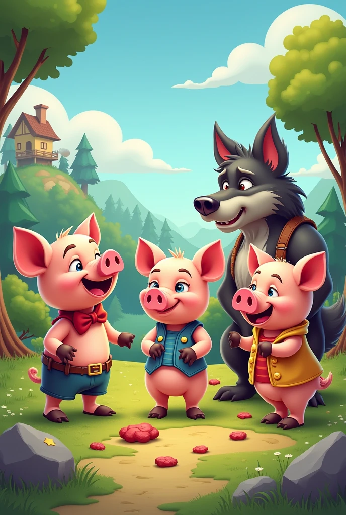 The 3 little pigs in the version where the pigs are bad and naughty cartoon and the wolf is good