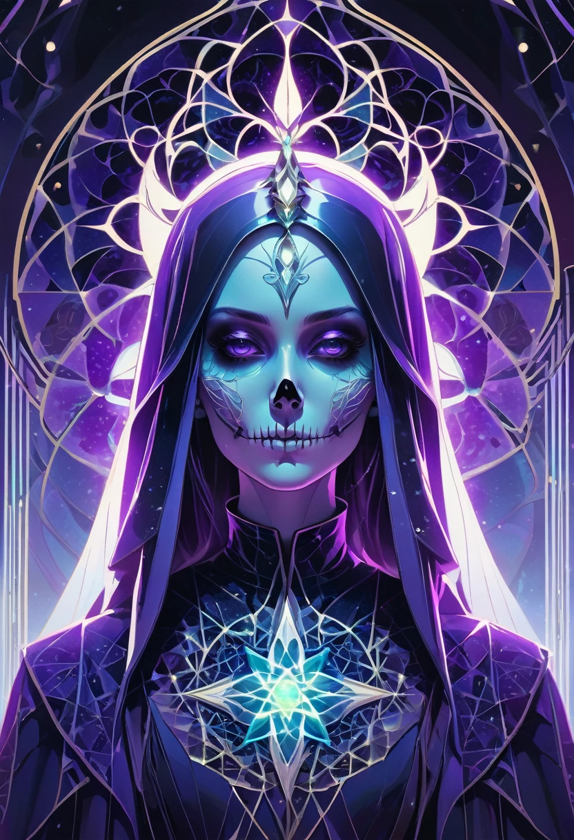 A symmetric portrait of a stunning gorgeous woman, necromancer outfit, features dissolving into curse magic thin, luminescent purple lines. Weighted Voronoi stippling and laser caustics create a network, transitioning from hyperrealistic detail to abstract, quantum-inspired forms. Ethereal hues blend, evoking existential transition and mystery. Close-up on face, glossy porcelain skull partially visible. Set against a twilight cursed backdrop, toxic winds ripple through his tattered robes. Rendered in a fusion of photorealism and digital surrealism, the scene is illuminated by ghostly Northern Lights. Emphasis on darkness, fantastic atmosphere, invoking Nordic myths, hyper-maximalism, hyperrealistic, insanely detailed, vray tracing, HDR, 8k, final render