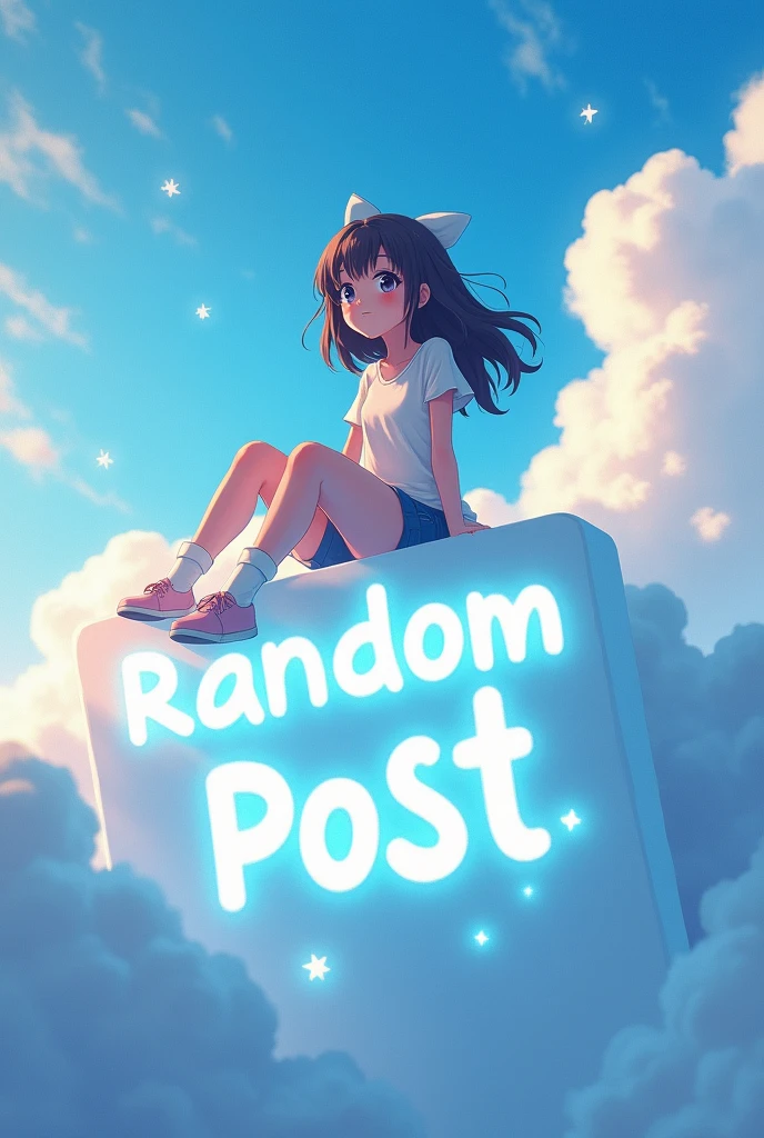 Make an Image in an environment in the clouds with light blue sparkles with the text Random Post with white and luminous letters with a large anime girl sitting on the letters all in 2D