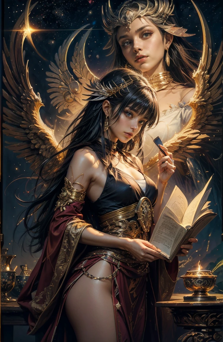 (Tabletop, Highest qualityの, (((((woman)))))、Highest quality, Official Art, (beautifully、beautiful:1.4), (Oil painting:1.4) ),（（male））  (lucifer), God of Japanese God Stories々々, fleeting beauty, A mysterious god illuminated by the starry sky, Winged Angel、god&#39;Grace, Calm and thoughtful expression, Flowing Heavenly Robe, Dazzling silver stars light up the night view, Dance of shadows and lights, Whispers of Ancient Legends、Very slender、