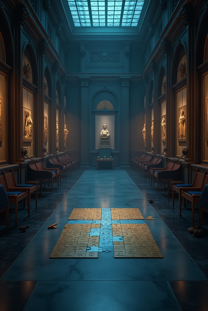 Create an image of a murder in a museum, In the scene there must be a puzzle with a missing piece, there must be no one in the scene and it must be nighttime