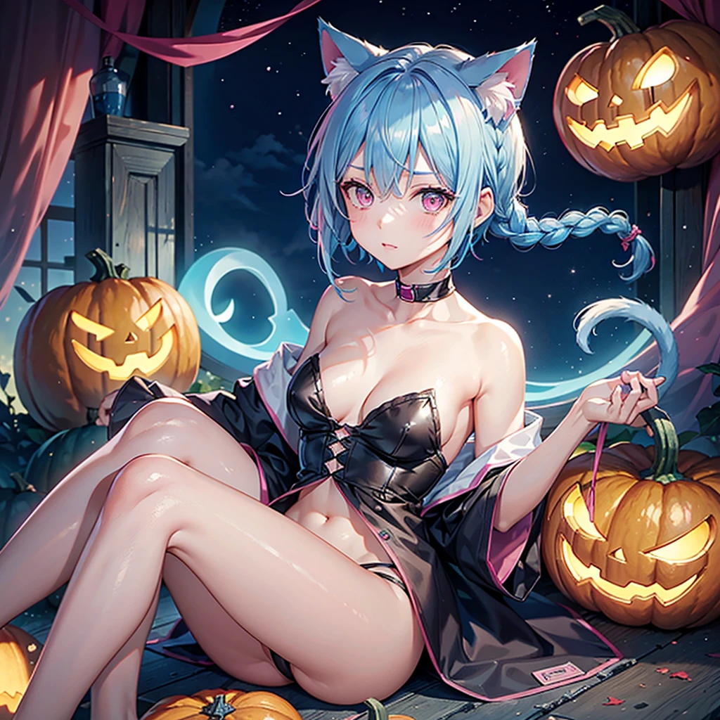 (Sky blue hair),(Braided short hair), (Pink Eyes),Fair skin) ,(whole body),(One Girl),(There are lots of pumpkin ghosts in the background),Cat ear,Cat's Tail,(Sailor suit),(Ahegao),(Fall into Darkness),If you don't give me sweets, I'll play a prank on you.),Halloween Night Party),(masterpiece, Highest quality, Very detailed, Best Shadow), (Detailed Background), (Beautifully detailed face), High Contrast, (Best lighting, Very delicate and beautiful), ((Cinematic Light)), Hyper Detail,8k, Dramatic Light, Intricate details,night,(Bats flying in the background),High quality