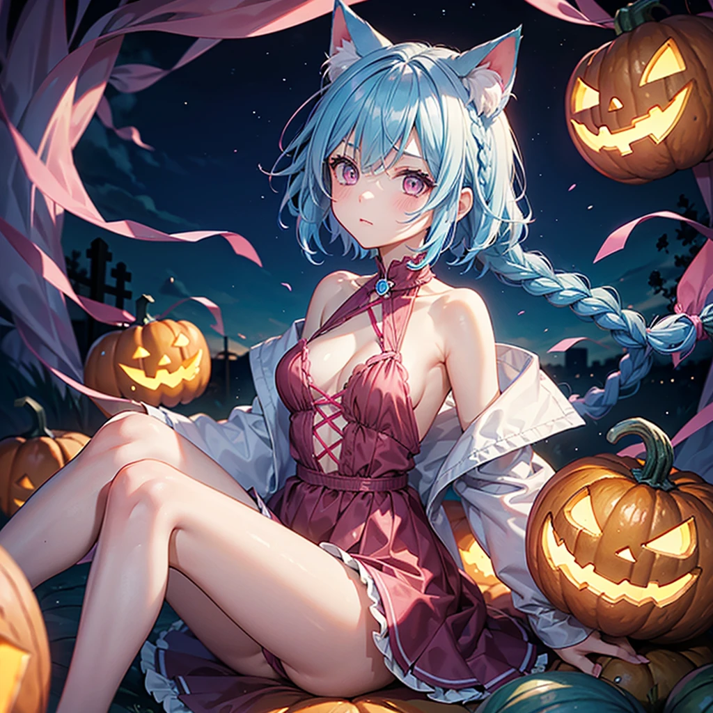 (Sky blue hair),(Braided short hair), (Pink Eyes),Fair skin) ,(whole body),(One Girl),(There are lots of pumpkin ghosts in the background),Cat ear,Cat's Tail,(Sailor suit),(Ahegao),(Fall into Darkness),If you don't give me sweets, I'll play a prank on you.),Halloween Night Party),(masterpiece, Highest quality, Very detailed, Best Shadow), (Detailed Background), (Beautifully detailed face), High Contrast, (Best lighting, Very delicate and beautiful), ((Cinematic Light)), Hyper Detail,8k, Dramatic Light, Intricate details,night,(Bats flying in the background),High quality