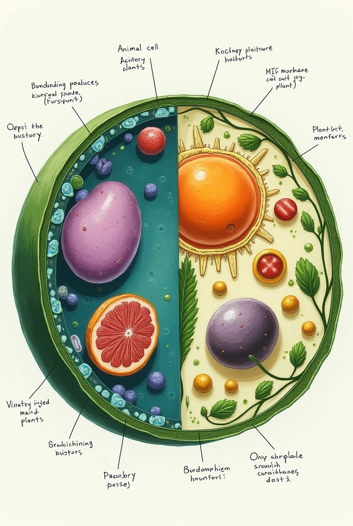 A representation of an animal cell and a plant cell