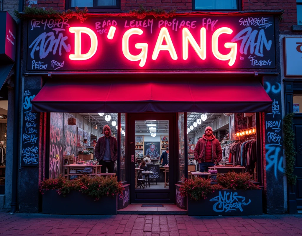 Front of a music label named D"GANG in capital letters on the neon facade, graffiti theme, street wear