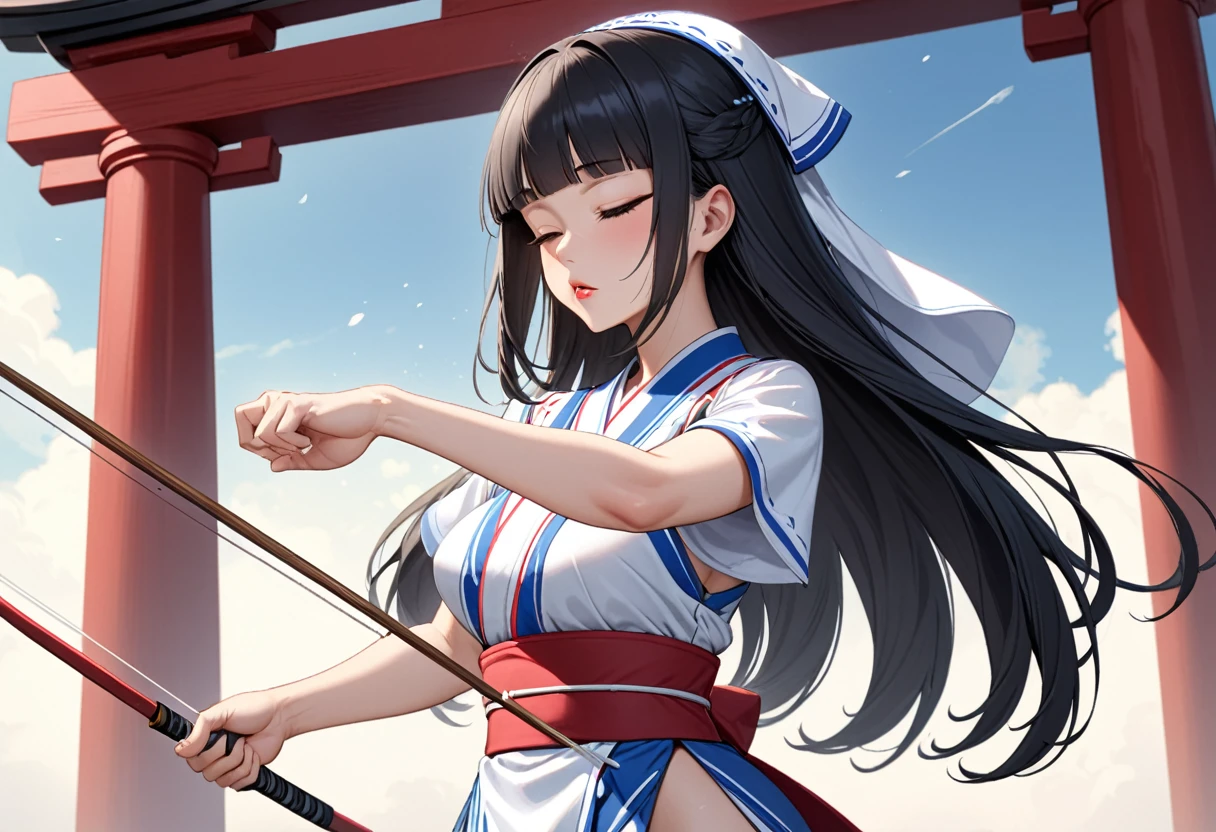 ((profile, standing Kyudo style)), (left hand holding) ((a old japanese long bow)), (Push forward left hand with it), (solo:2, 15 yo) (detailed beautifu blunt bangs:1.3) (beautiful sexy black hair very long hair) (beautiful shrine maiden girl) (detailed sexy closed eyes) (serious face, glossy lip) (medium tits), break, in a white Kyudo uniform, break, in the japanese Archery range, BREAK, perfect anatomy, masterpiece, best quality, 16k, beautiful detailed grow, daydreaming expression.