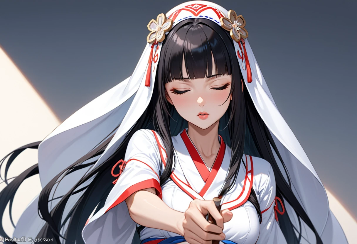 ((profile, standing Kyudo style)), (left hand holding) ((a old japanese long bow)), (Push forward left hand with it), (solo:2, 15 yo) (detailed beautifu blunt bangs:1.3) (beautiful sexy black hair very long hair) (beautiful shrine maiden girl) (detailed sexy closed eyes) (serious face, glossy lip) (medium tits), break, in a white Kyudo uniform, break, in the japanese Archery range, BREAK, perfect anatomy, masterpiece, best quality, 16k, beautiful detailed grow, daydreaming expression.