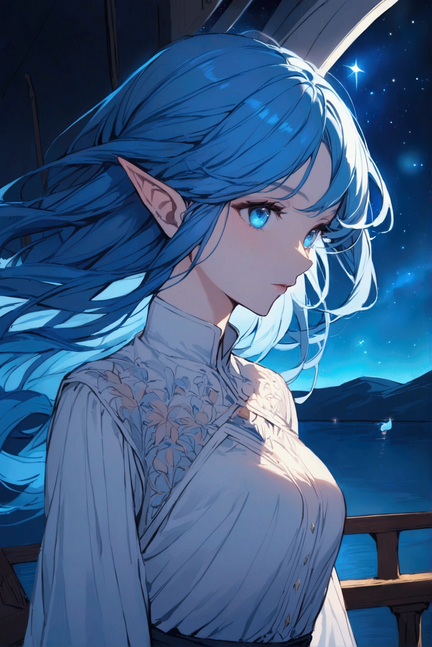 A portrait of an elf woman from the waist up. Blue hair, blue eyes. She is standing on the deck of a ship. There are stars in the beautiful night sky. She is wearing a modest uniform.