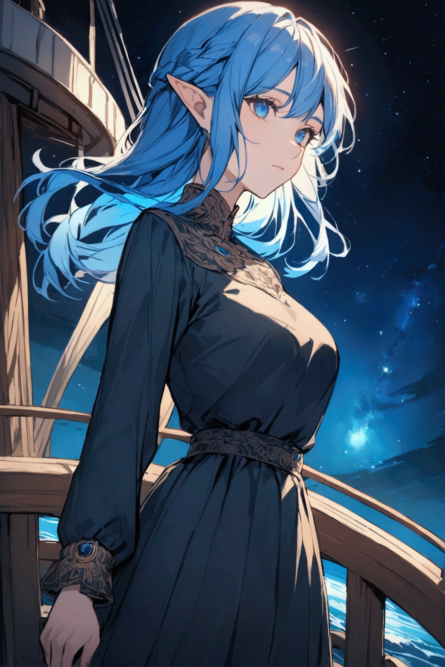 A portrait of an elf woman from the waist up. Blue hair, blue eyes. She is standing on the deck of a ship. There are stars in the beautiful night sky. She is wearing a modest uniform.