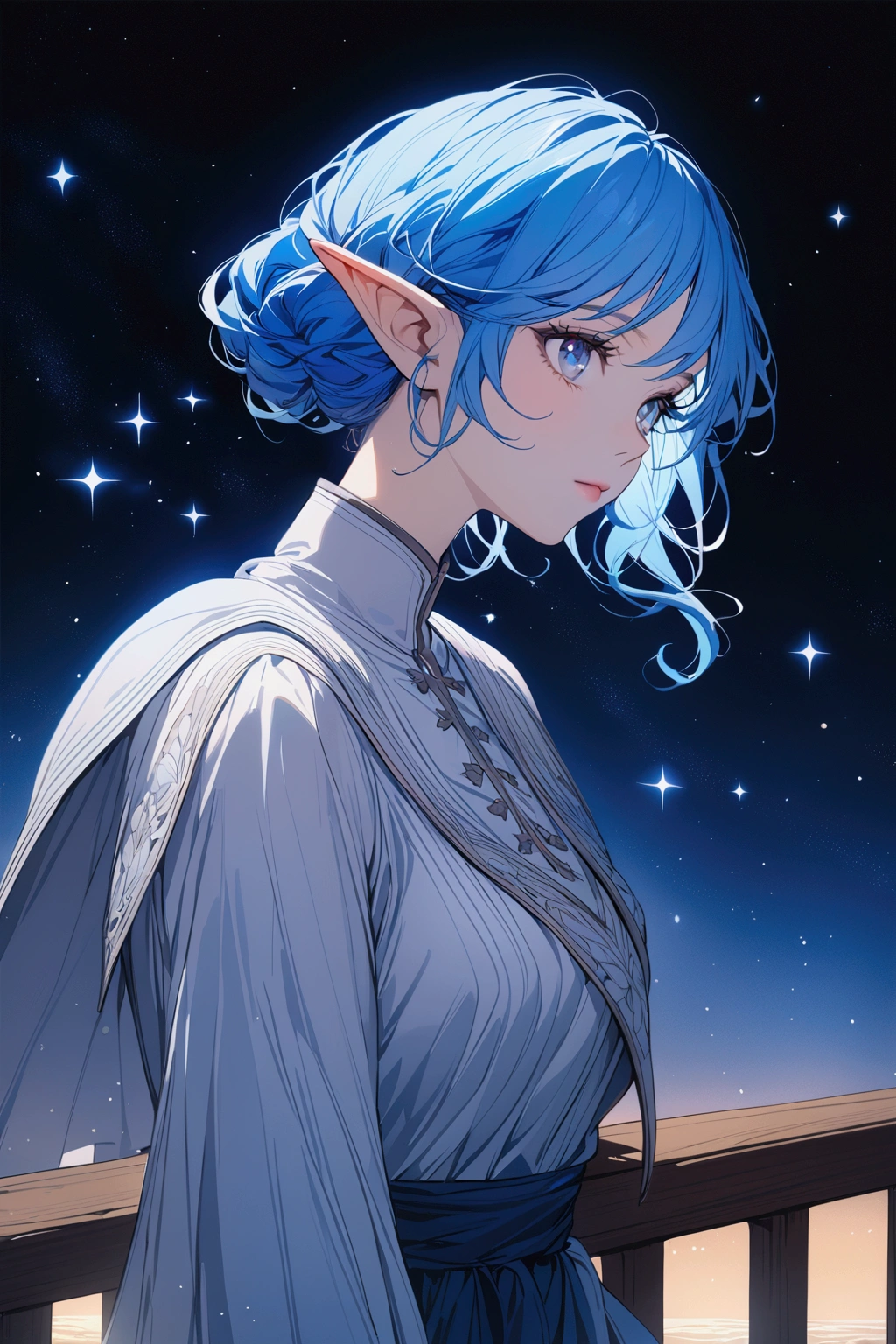 A portrait of an elf woman from the waist up. Blue hair, blue eyes. She is standing on the deck of a ship. There are stars in the beautiful night sky. She is wearing a modest uniform.