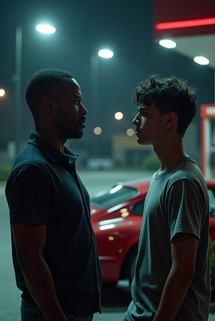 Men. A dark-skinned adult and a 17-year-old white youth, in front of a Porsche at the station