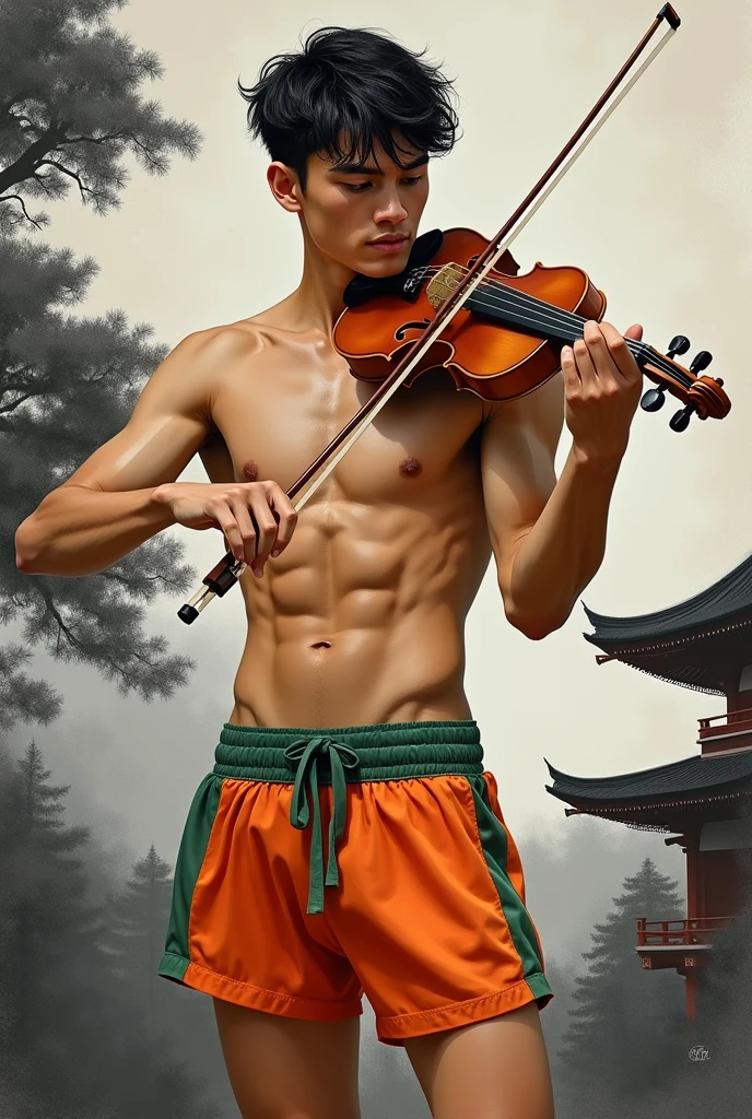Ultra detailed illustration, ((oil painting a young man in Roberto Ferri style, fullcolor, Latino, slim toned fitness body, defined muscles, perfect anatomy, short black wavy hair, Roman nose, thin lips, square chin, diamond shaped face, barefoot, shirtless, wearing orange and green shorts, standing playing the violin) (black and white japanese traditional painting style background, you can see Senso-ji temple in japan ), evokes masculine beauty and art.
