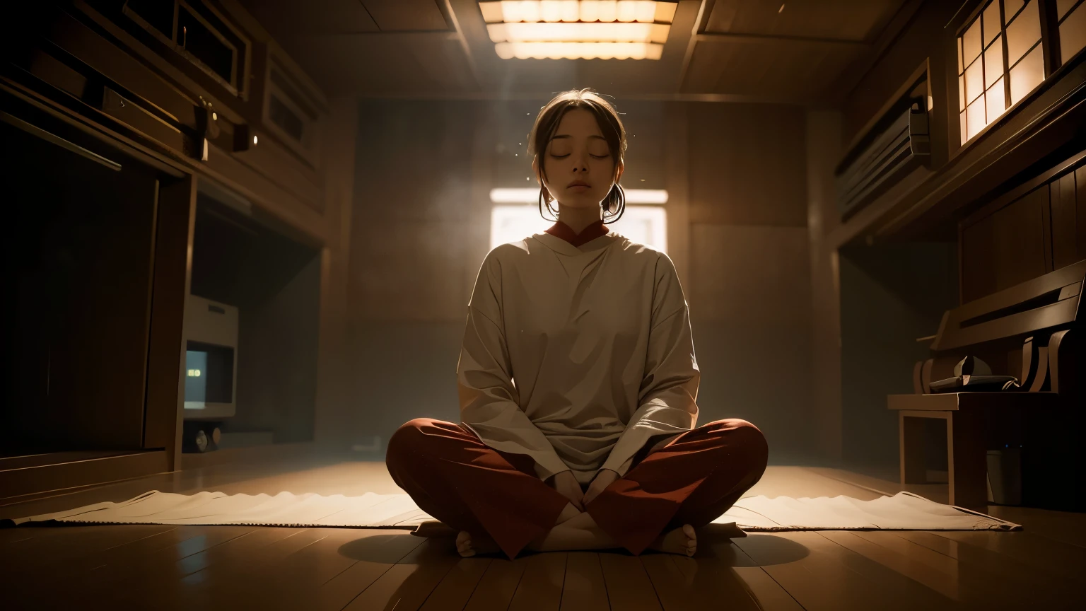 Person meditating. Loose Clothes. feeling of serenity. Background of a fantastic world. cinematic lighting
