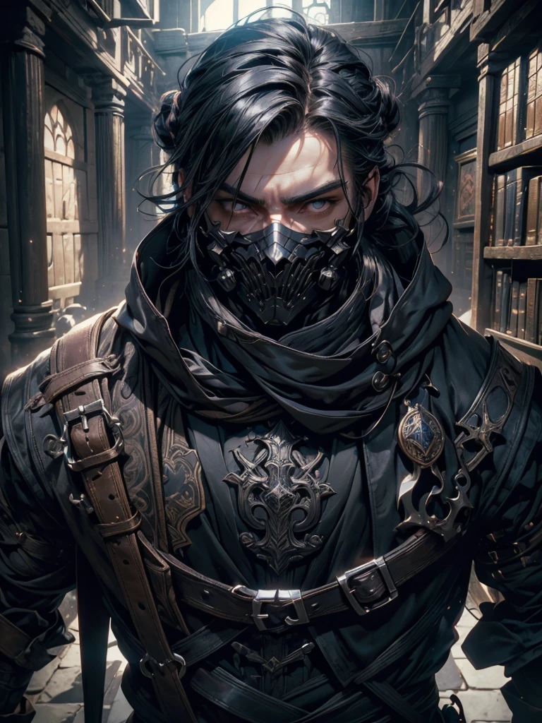 (masterpiece, high quality, cinematic lighting, backlighting, sharp colors)
Tall muscular young man, black hair tied in a bun, dark eyes, compact muscles. Face hidden by a full iron mask, expressionless. Wears medieval robe, leather shirt and pants, armor plates on vital areas. Dark crime scene background, shadowy atmosphere.