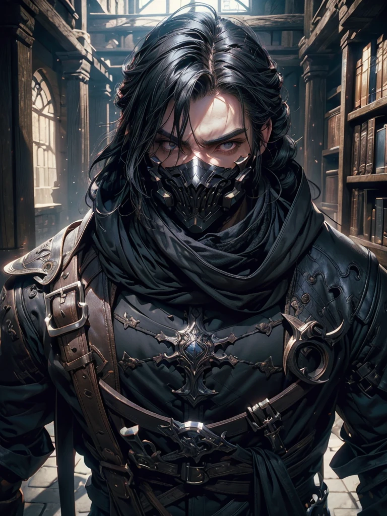 (masterpiece, high quality, cinematic lighting, backlighting, sharp colors)
Tall muscular young man, black hair tied in a bun, dark eyes, compact muscles. Face hidden by a full iron mask, expressionless. Wears medieval robe, leather shirt and pants, armor plates on vital areas. Dark crime scene background, shadowy atmosphere.