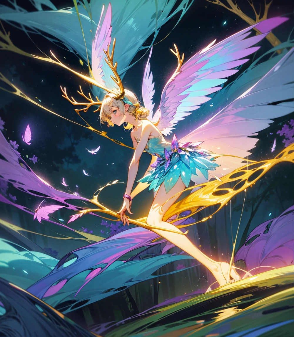 Imagine a magical forest at dusk, with tall trees whose canopies intertwine to form a natural tunnel. In the center of the scene, there is a crystal-clear lake reflecting the sky tinged with orange and purple hues. Floating above the lake, a magical creature, half-owl and half-deer, with glowing feathers and luminescent antlers, watches attentively. Around it, small fairies with translucent wings dance in the air, leaving a trail of golden dust that gently lights up the surroundings. The atmosphere is serene and mystical, with details like bioluminescent mushrooms and flowers that glow in the dark, completing the fantastical scene.
