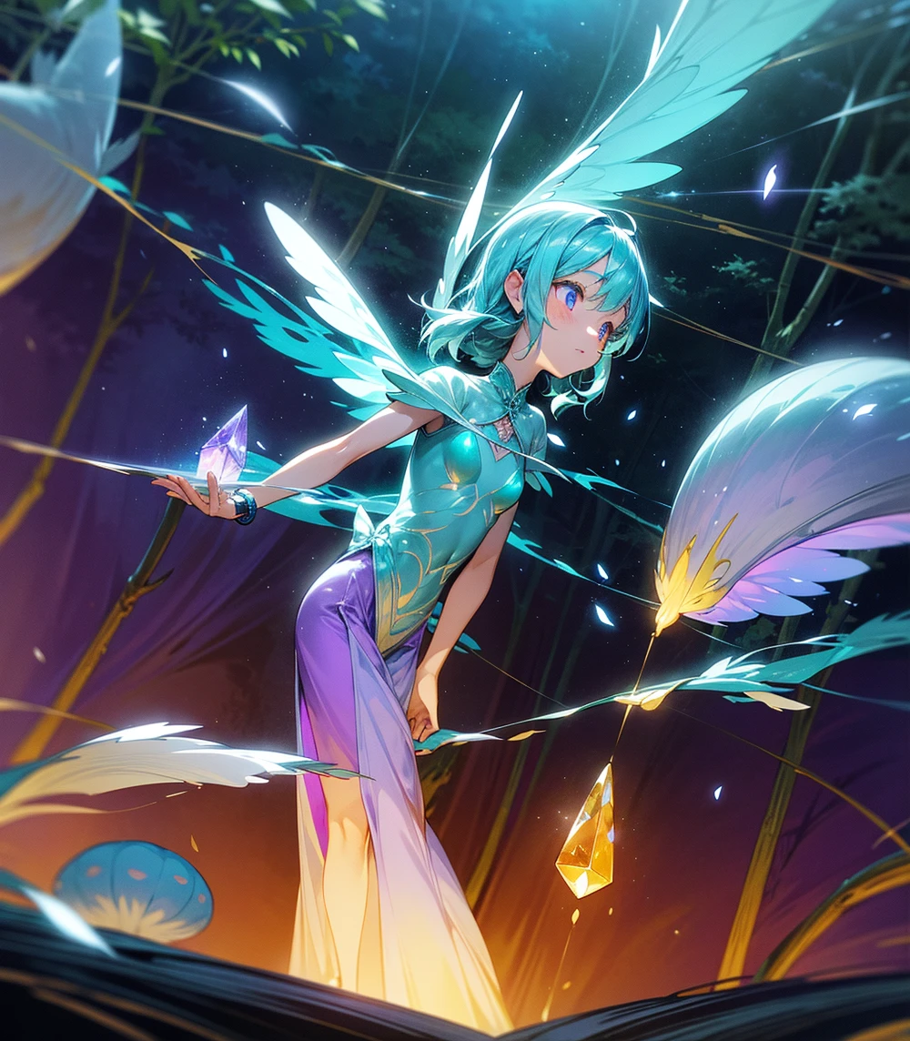 Imagine a magical forest at dusk, with tall trees whose canopies intertwine to form a natural tunnel. In the center of the scene, there is a crystal-clear lake reflecting the sky tinged with orange and purple hues. Floating above the lake, a magical creature, half-owl and half-deer, with glowing feathers and luminescent antlers, watches attentively. Around it, small fairies with translucent wings dance in the air, leaving a trail of golden dust that gently lights up the surroundings. The atmosphere is serene and mystical, with details like bioluminescent mushrooms and flowers that glow in the dark, completing the fantastical scene.