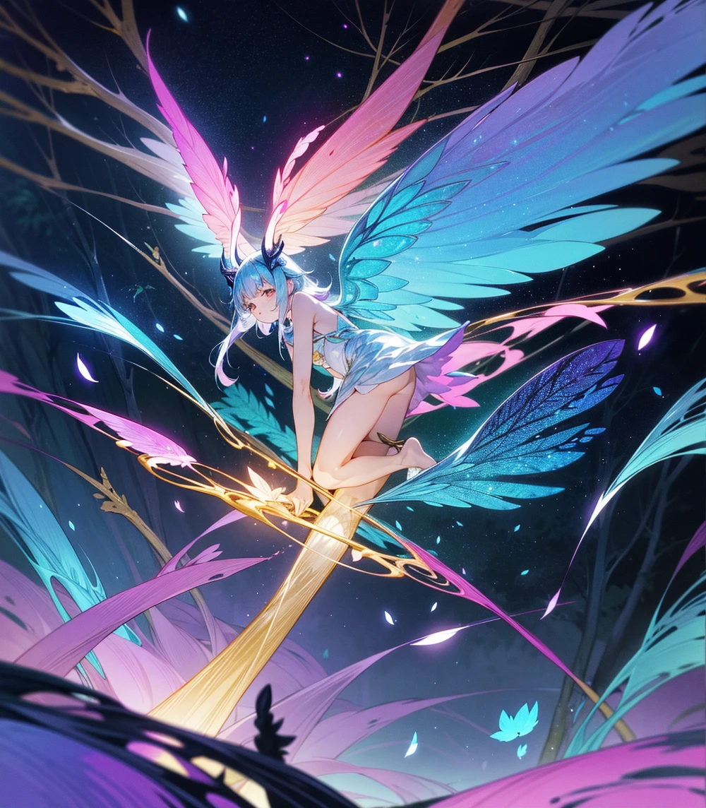 Imagine a magical forest at dusk, with tall trees whose canopies intertwine to form a natural tunnel. In the center of the scene, there is a crystal-clear lake reflecting the sky tinged with orange and purple hues. Floating above the lake, a magical creature, half-owl and half-deer, with glowing feathers and luminescent antlers, watches attentively. Around it, small fairies with translucent wings dance in the air, leaving a trail of golden dust that gently lights up the surroundings. The atmosphere is serene and mystical, with details like bioluminescent mushrooms and flowers that glow in the dark, completing the fantastical scene.