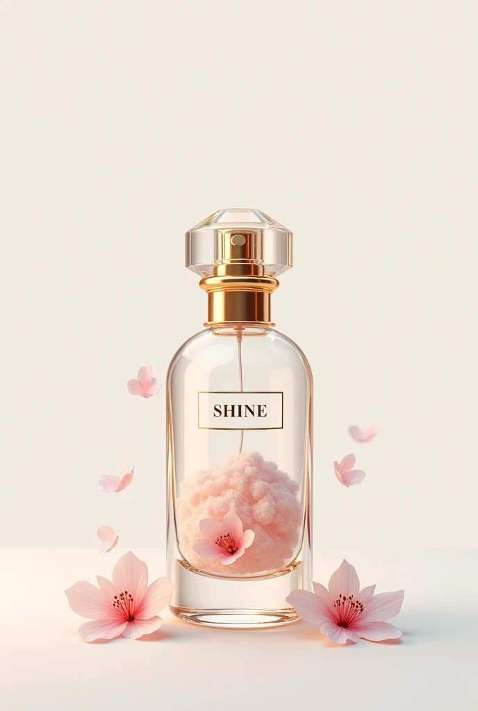 Create artistic image in drawing with transparent background in minimalist 5d with wonderful cloud inside perfume bottle. Flowers with shades of pink also inside the perfume bottle with the golden glass lid. Super perfume bottle , ultra , mega sophisticated written SHINE