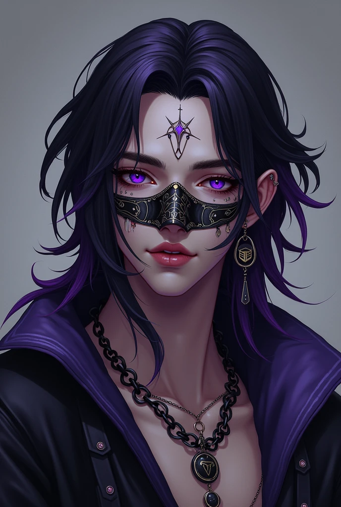 I would like to create a male character who is within the world of paranormal order.,where he is an energy occultist who was once part of the host cult,has a different, more stylish and stylized mask like the host's,He has black hair with purple highlights and his hair goes down to his shoulders and he has several piercings