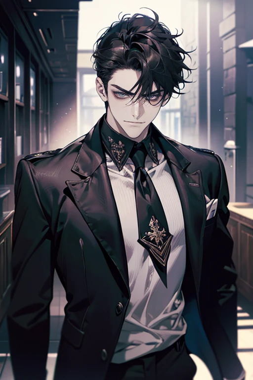 (tmasterpiece, high resolution, ultra - detailed:1.0), (1 boy, Young male, masculine face), Perfect male body, Adult male, Delicate eyes and delicate face, Extremely detailed CG, Unity 8k wallpaper, Complicated details, Detailed face, (black hair, messy hair, serious faces, white T-shirt,CEO, Officehome), (frown,evil smile:1.3), hand in pocket, school corridor,black leather jacket, color difference, Depth of field, dramatic shadow, Ray tracing, Best quality, Cinematic lighting, offcial art,Portrait