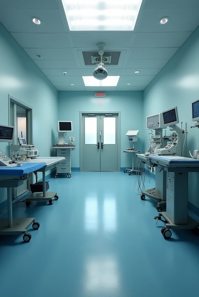 A large, empty operating room with instruments on the table and the door to the room with the words: waiting 