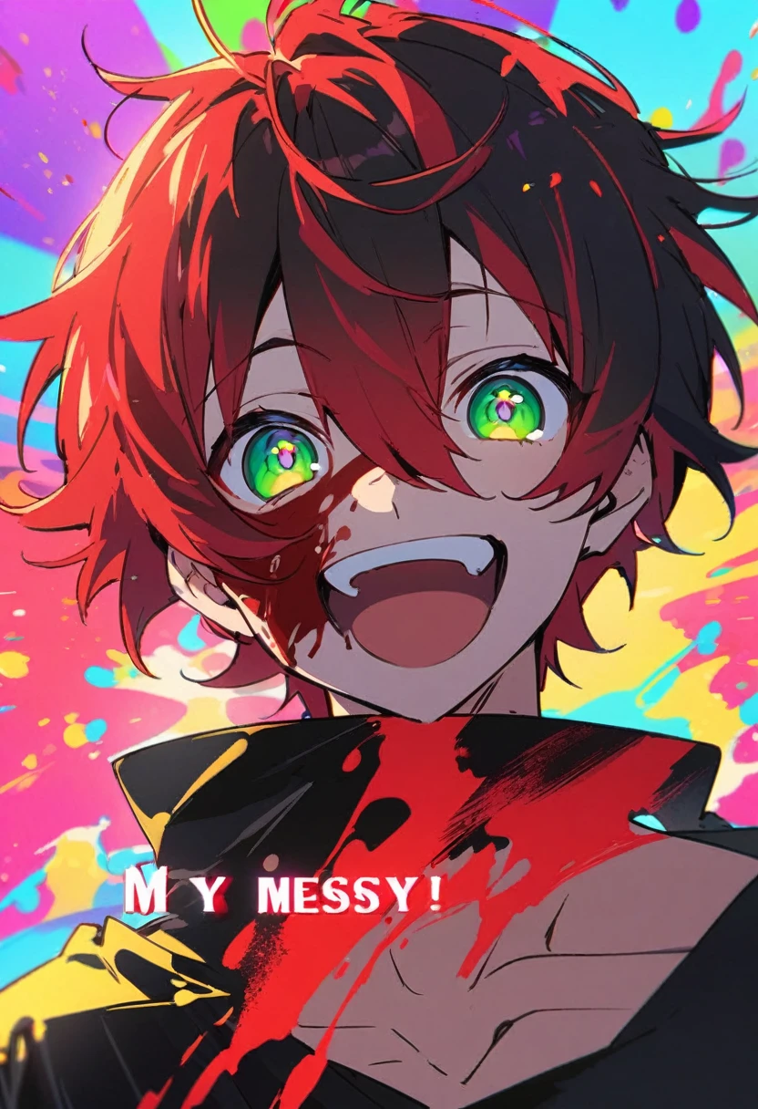 A handsome young man, messy ash-brown hair,and beautiful eyes that gave the aura of madness,he had a crazy wide smile,has blood stains on clothes and face, front-facing,front view,wears blood stained clothes, eyes glows pink in the dark,neon colors,masterpiece.