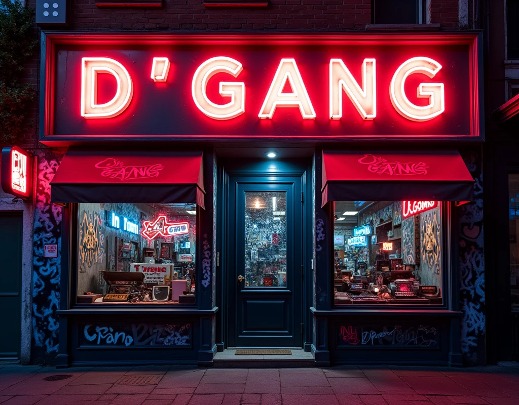 Front of a music label named D"GANG in capital letters on the neon facade, graffiti theme, street underground