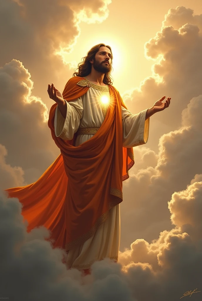 (photorealism:1.2), handsome Jesus Christ, crying while praying in the clouds, wearing orange king clothes with  light in his head and heart spreading all over in the clouds, perfect Jesus Christ, real Jesus Christ, perfect five hands, perfect crying face, elegant, soft lighting, many clouds, stand straight, realistic, intricate details, warm colors, by Earl Cornelio Necor