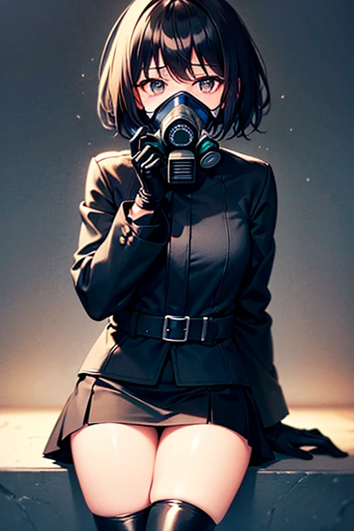 Girl, short black hair, (black gas mask covering his entire face),black jacket, short black skirt, black boots, black stockings, black gloves.