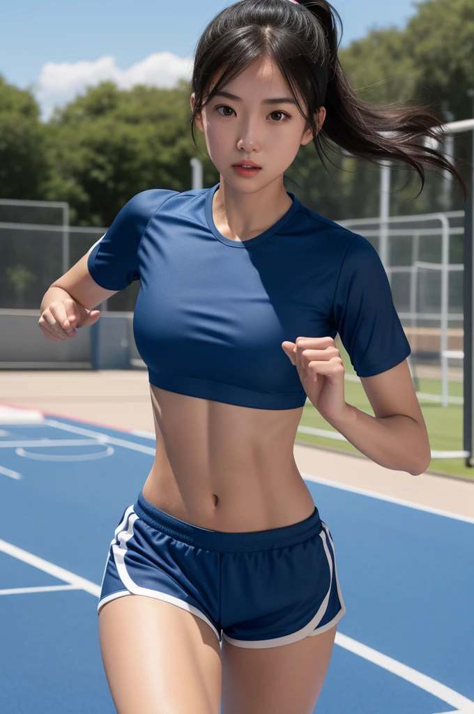there is a woman running on a track with a blue shirt, sporty physique, fit girl, athletic body, girl is running, attractive sporty physique, running pose, sport bra half covered breast and dark blue shorts, chiho, her face flushing and sweat, sporty, athletic fashion photography, girl running, sport bra half covered breast and shirt, fit body, cute sportswear, with abs, change pose, sexy pose