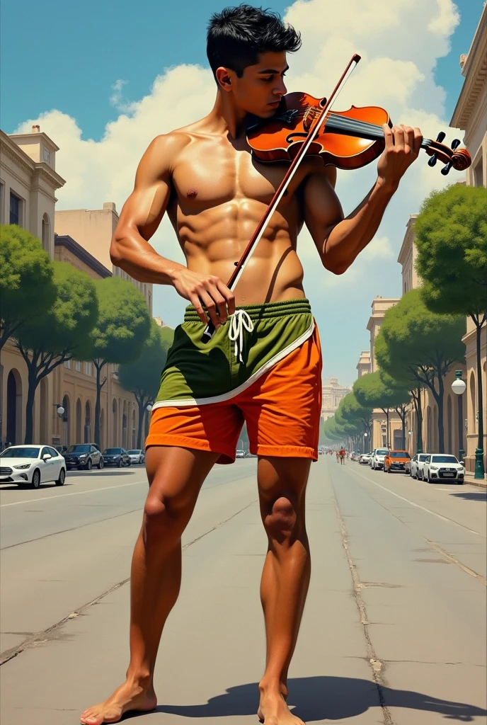 Ultra detailed illustration, ((oil painting a young man in Roberto Ferri style,  fullcolor, Latino, slim toned fitness body, defined muscles, perfect anatomy, short black wavy hair, Roman nose, thin lips, square chin, diamond shaped face, barefoot, shirtless, wearing orange and green shorts, standing playing the violin) (David Alfaro Siqueiros style  background, you can see Plaza de la Constitucion in mexico city ), evokes masculine beauty and art.