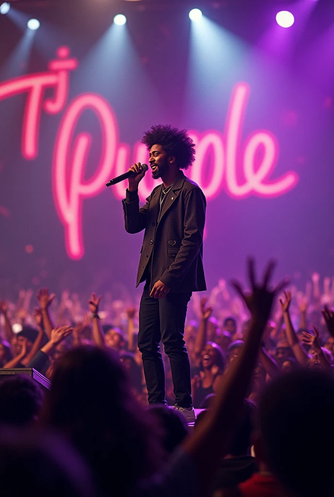 Afro male singing on a mic in a stadium filled with people with the word Tj Purple boldly written on the Background