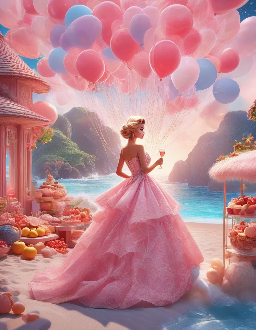 Photo Style, Art Deco style,Highest quality,8k,High resolution,Very detailed,Ultra Clear,,Creative style artwork,Classic,(pink main color),3D rendering of Retro fashion, Beautiful Barbie doll enjoying the beach , Barbie doll in a variety of beautiful outfits,Lots of people々Colorful Barbie dolls, Happy atmosphere, cake, Candles, balloon, Champagne, night, wine glass, firework, fruits, Pixar, pink main color, night,,Beautiful paintings by Alphonse Mucha,Pixarスタイル,comics風,masterpiece,Pastel Art,Magic realism,dream-like,Wonderland, Mysterious, Retro,anime,comics,cute,Depth of written boundary (Depth of written boundary),Long Shot,contrast,local