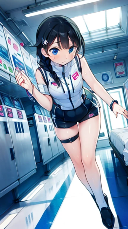 (Highest quality), (masterpiece), 1080P, High resolution, 4K, 8k, Inside the space station、Futuristic room、Thigh straps, Shooting from directly below, The woman on top of me, 白いSweat, Covered , Sweat, Woman looking down, Skirt swimsuit, Thigh-high socks, To achieve this, , , whole body, Black leather shoes, Braided hair, Inner Color, Embarrassed face, Short black hair, bracelet, Bedroom,celestial body_Vest